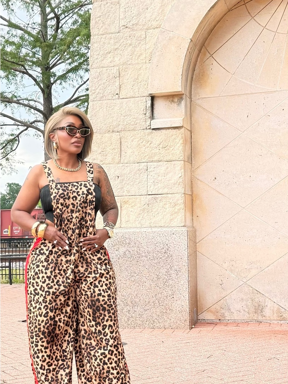 Leopard Print Wide-Leg Jumpsuit with Red Side Stripes